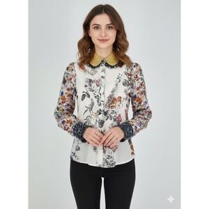 VILAGALLO Ruffle Mixed Floral Print Blouse Peter Pan Collar Womens Sz XS (36EU)